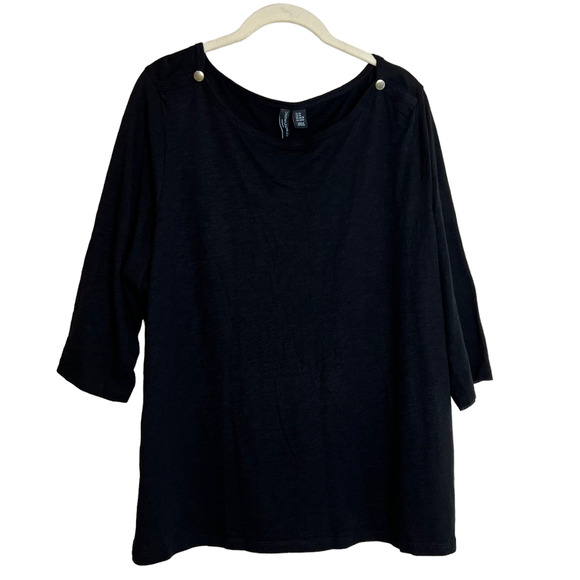 Cynthia Rowley Womens Tee Size 2X Black 3/4 Sleeve Cotton Modal Button Accents - Picture 2 of 5